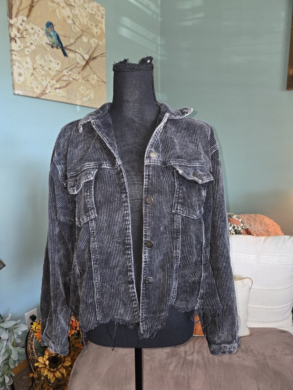 POL Frayed Hem Black Washed Corduroy Trucker Jacket